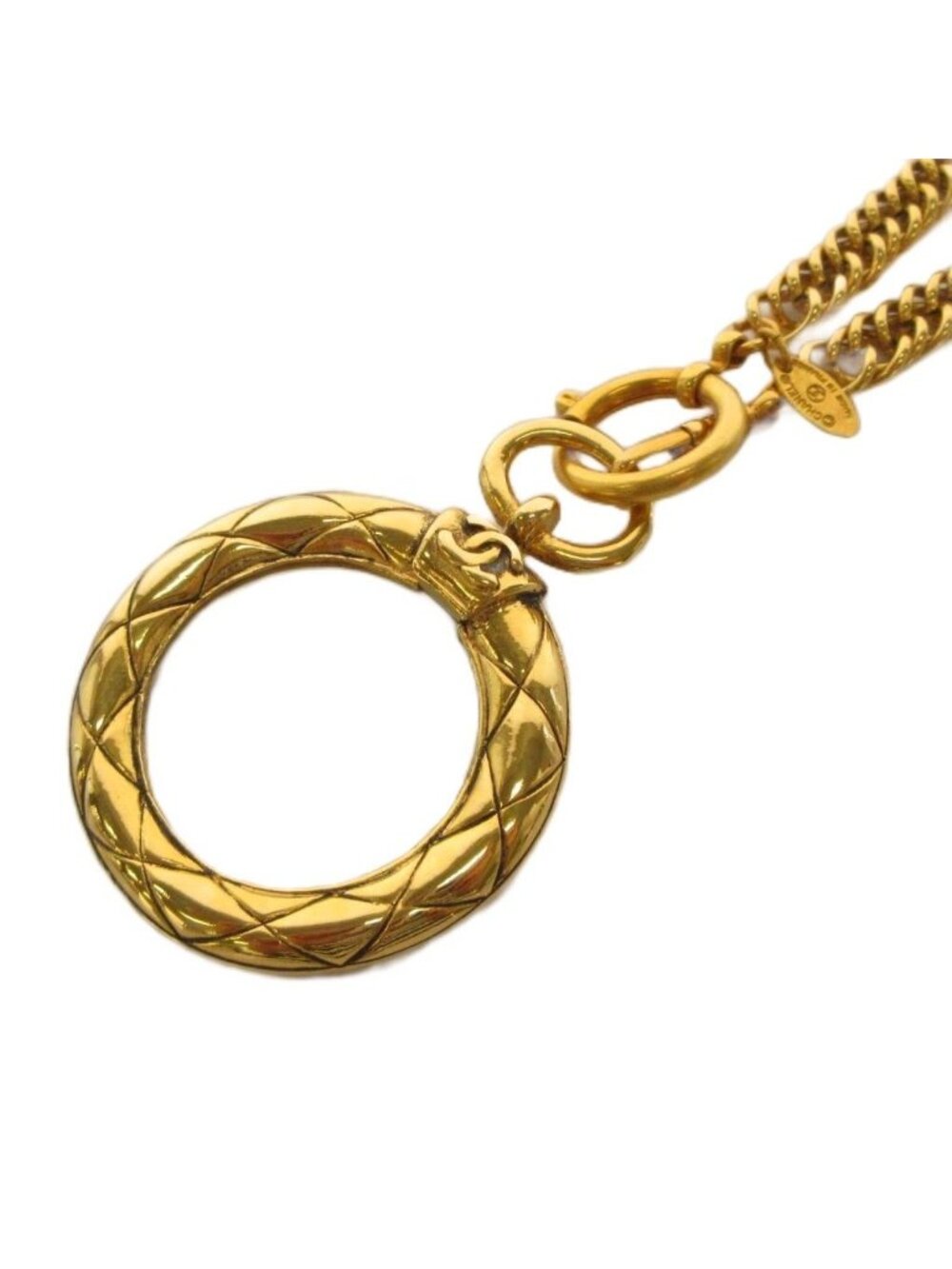 Chanel CC Logo Quilted Loupe Long Pendant Brass Gold Plated Glass